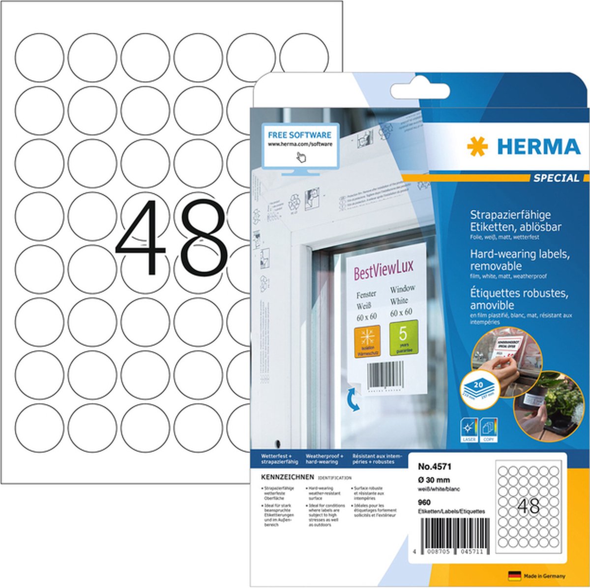 Herma hardwearing labels round 30mm 20sh. din a4 wh 960pc. 4571