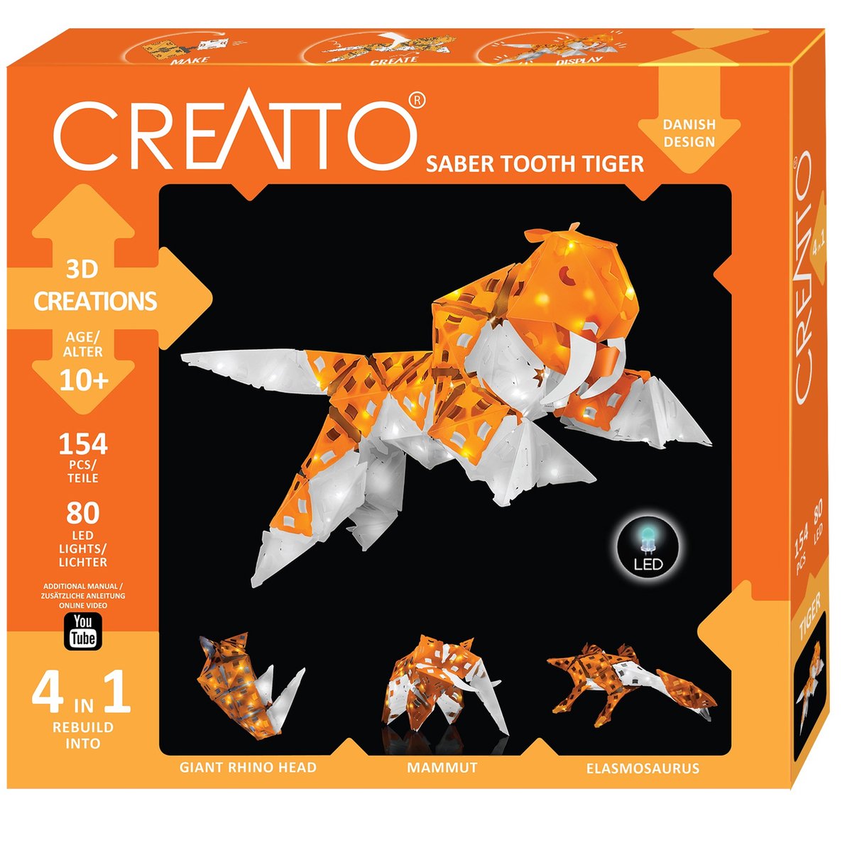 Kosmos creatto sabre tiger - bouwset met led verlichting - bouw 4 lichtgevende prehistorische dieren - sabeltandtijger, mammoet, wolf en gier - 61 onderdelen - creatief bouwspeelgoed - vanaf 9 jaar