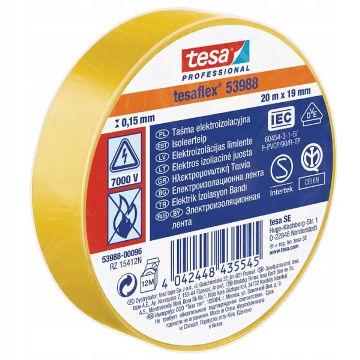 Tesa isolatietape 19mm - 20 meter - geel