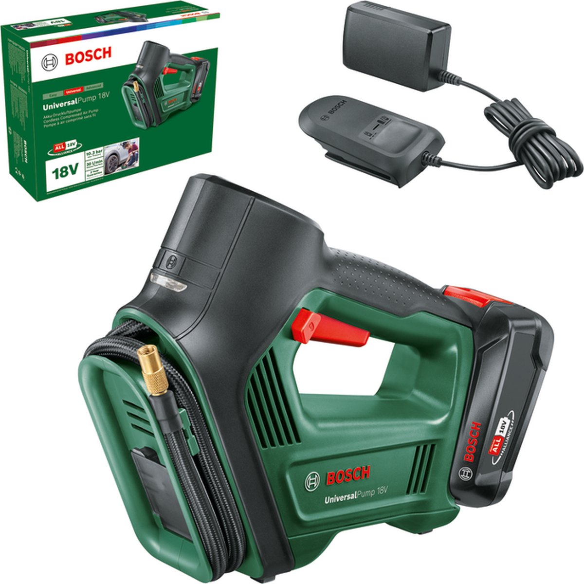 Bosch universalpump 18v compressor - 10.3 bar - met 18 v accu en lader
