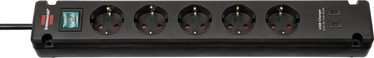 Brennenstuhl stekkerdoos 5-voudig met 2 usb c-laadpoorten (stekkerdoos usb c met schakelaar en 3m kabel, verdeeldoos voor wandmontage)