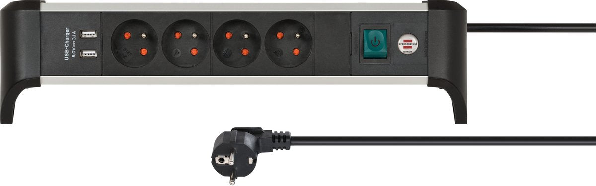 Brennenstuhl alu-office-line stekkerdoos 4-voudig penaarde met usb (stekkerblok voor op het bureau met 1,8 m kabel en schakelaar, made in germany)