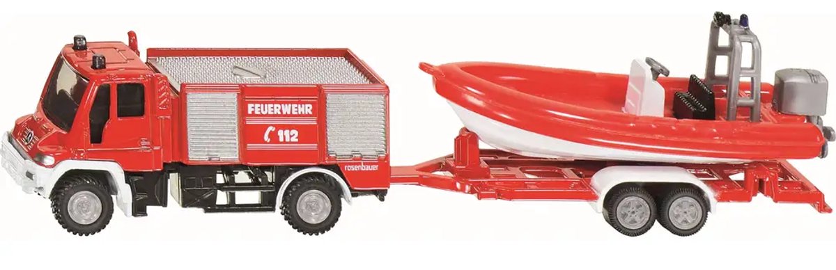 Siku 1636, brandweer unimog met boot, 1:87, metaal kunststof, rood, drijvende boot