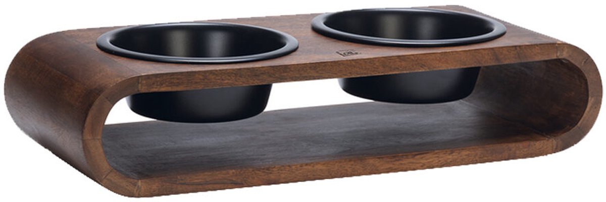 Designed by lotte melira voerbak drinkbak hond - dinerset eetbak waterbak hond - hout rvs - zwart - 2x 800 ml