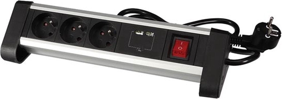 Perel stekkerdoos met schakelaar, 3 stopcontacten met penaarde (type e), 2 usb-poorten, kabel 1.4 m, 3g1.5, gebruik binnenshuis, zwart grijs