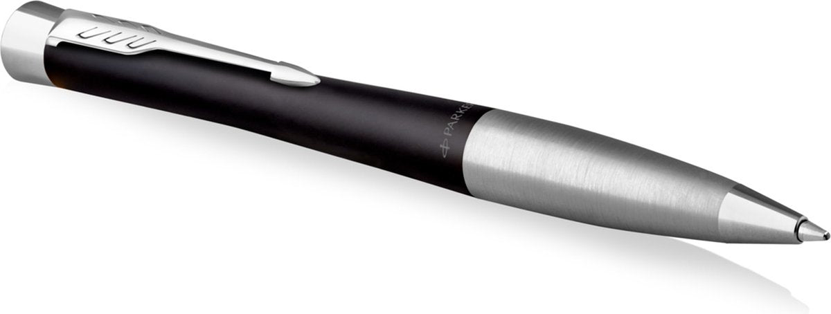 Parker urban twist-balpen | muted black met chromen rand | medium punt met blauwe-inktvulling | geschenkdoos