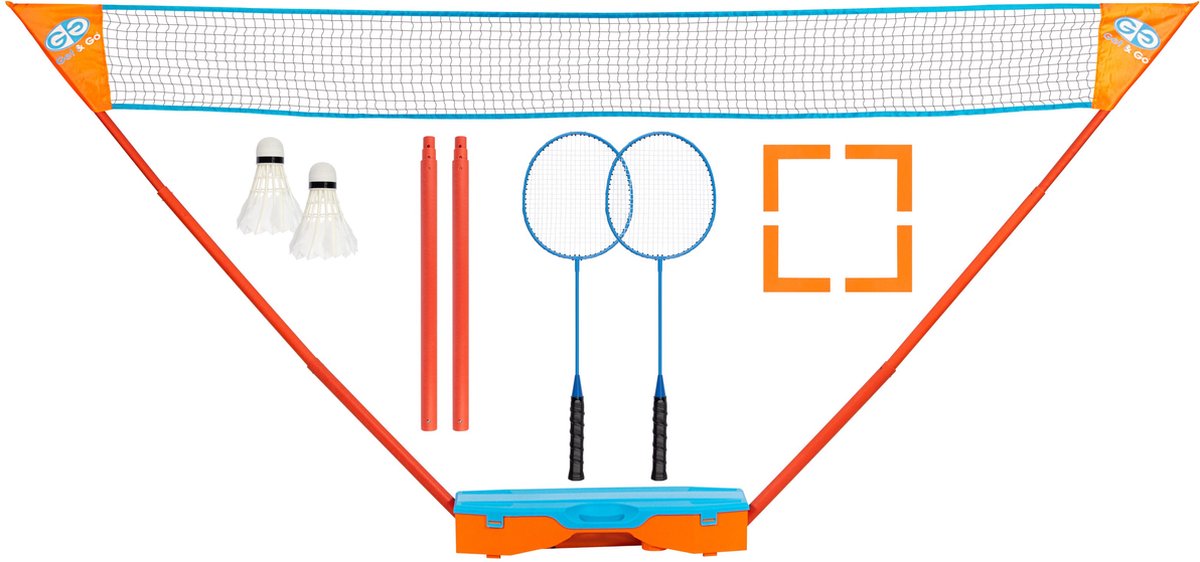 Get go badminton set - met koffer - blauw oranje - 295 x 155 cm