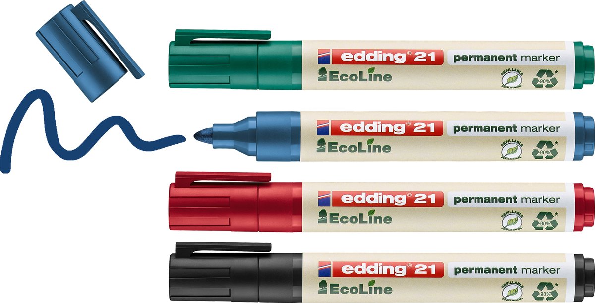 Edding 21 ecoline permanent marker -zwart, rood, blauw, groen - 4 stiften - ronde punt 1,5-3 mm - voor karton, kunststof, hout, metaal, etc. - alcohol markers voor volwassenen