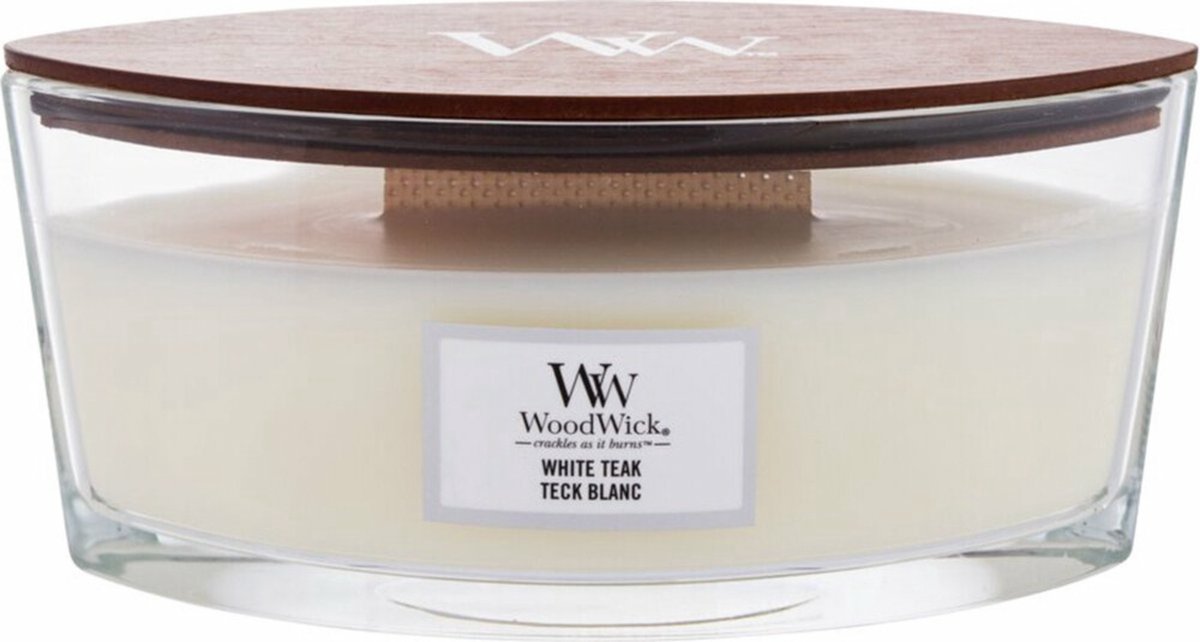 Woodwick heartwick flame ellipse geurkaars - white teak - 50 branduren