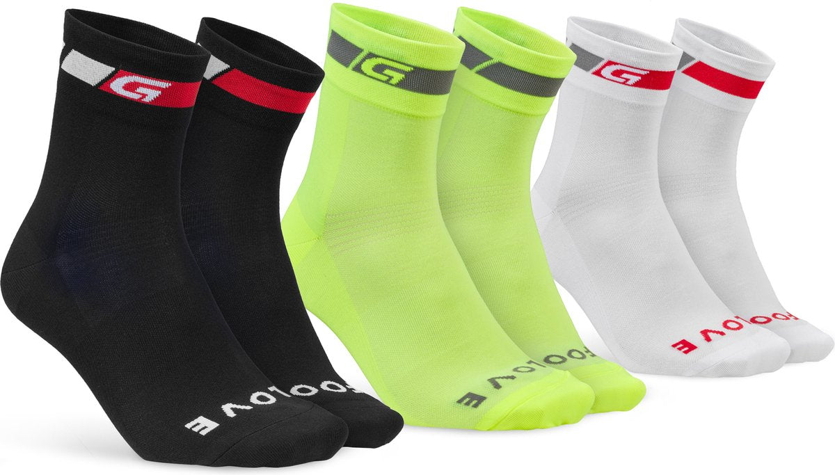 Gripgrab - tricolore regular cut 3pack zomer fietssokken coolmax wielersport sokken - zwart wit geel hi-vis - unisex - maat l (44-47)