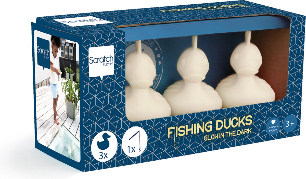 Scratch set van 3 kermiseendjes - glow in the dark - met 1 hengel - 3 jaar