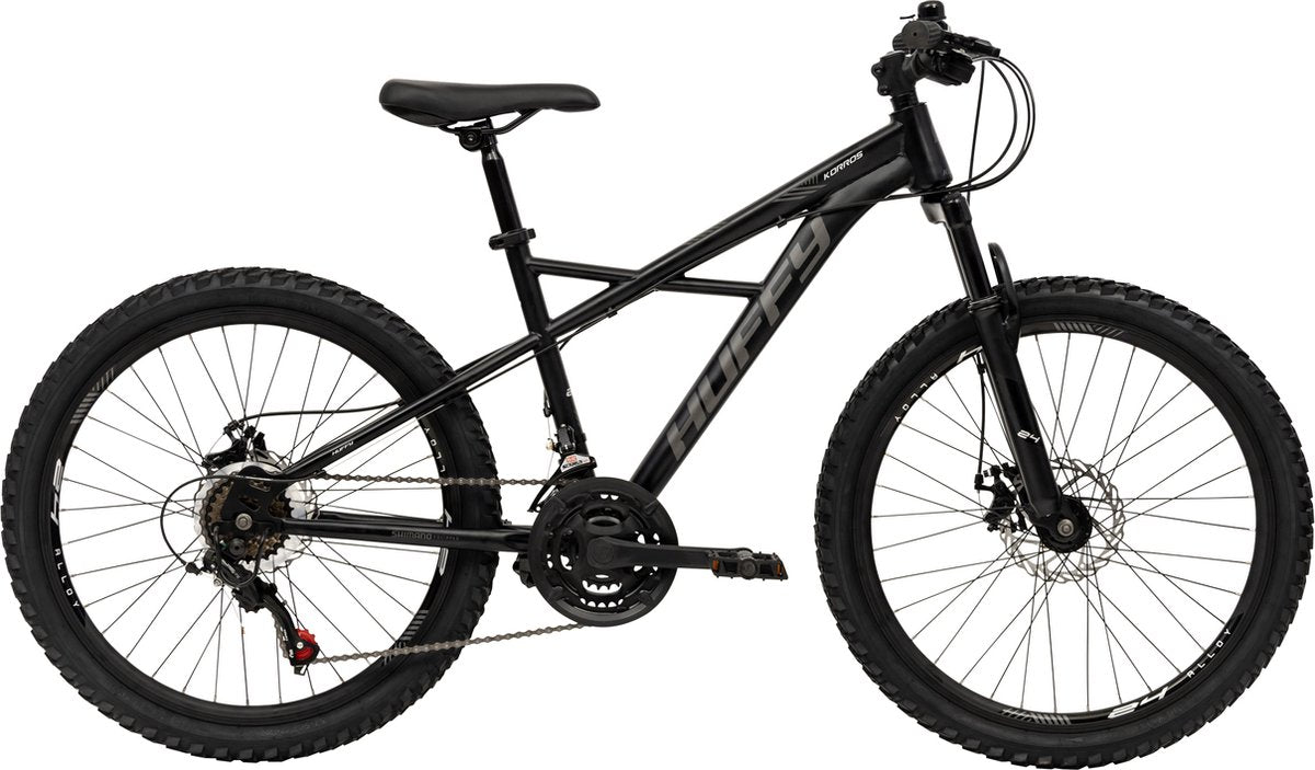 Huffy korros 24 inch kinder mountainbike zwart hardtail voorvering + shimano 21 versnellingen - jonge kinderen 8-13