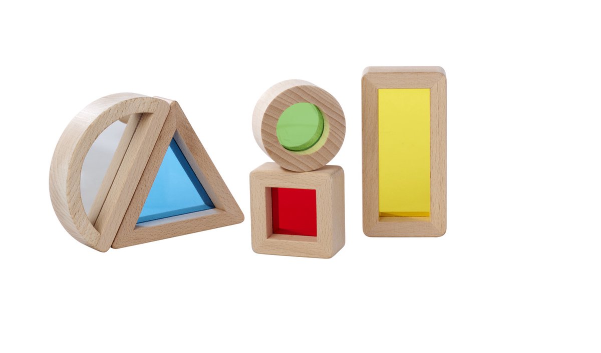 Eichhorn - bouwblokken in hout met acrylglas - montessori speelgoed - verschillende vormen en kleuren - boog met spiegel, driekhoek, rechthoek, vierkant en cirkel - oog hand coordinatie - ontwikkelingsspeelgoed - baby peuter