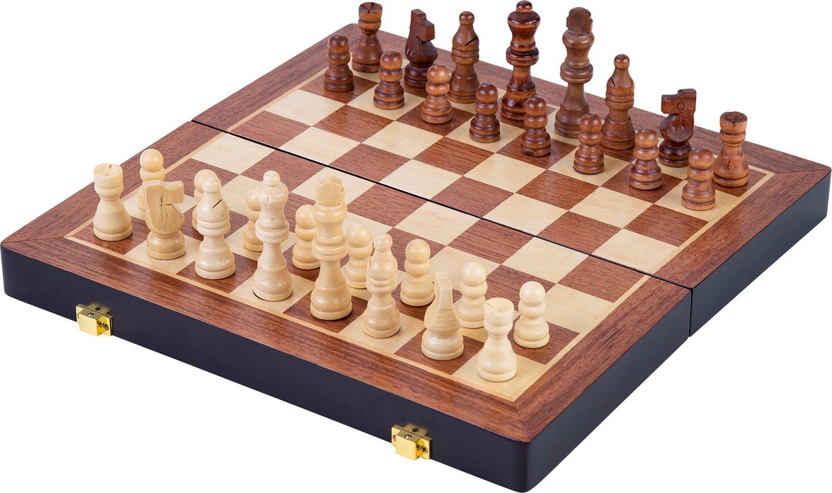 Engelhart schaakspel deluxe inklapbaar – houten schaakset van essenhout – luxe bruin schaakbord 30 x 30 x 5,5 cm – opklapbaar compact –