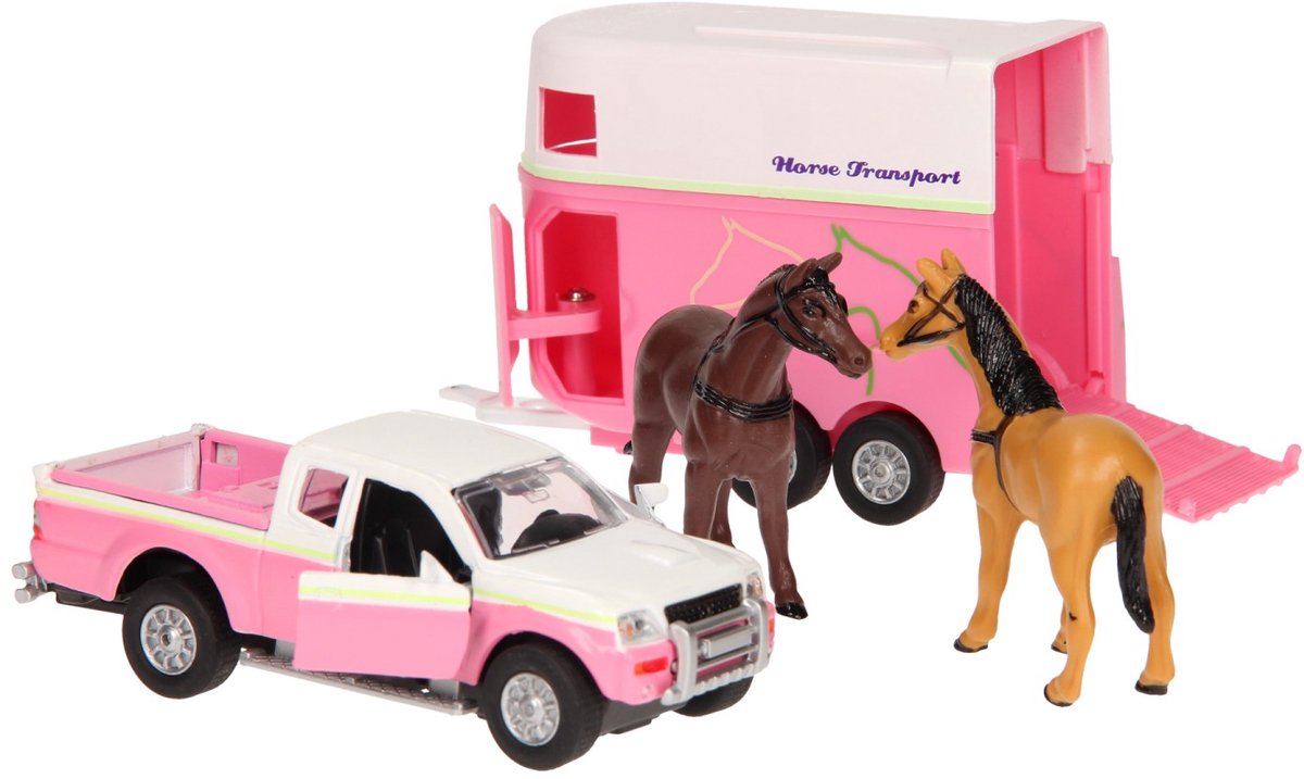 Kids globe die-cast auto met paardentrailer roze, 1:32