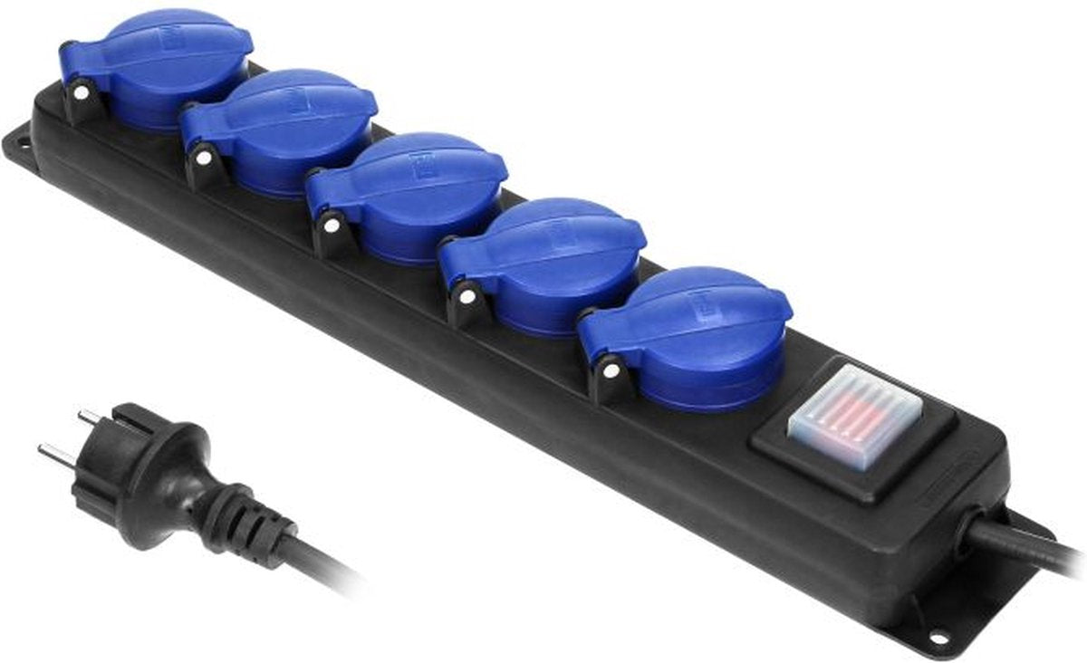 Orno heavy-duty stekkerdoos voor buiten - verlengsnoer kabellengte 3 meter - 5 voudig - ip44 - zwart blauw