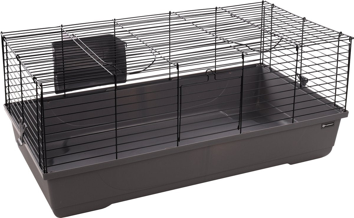 Flamingo hamsterkooi – mobi – caviakooi dwergkonijnenkooi – binnenkooi met hooiruif en diepe bodem – metaal zwart grijs – 99x53x42,5 cm – europese kwaliteit
