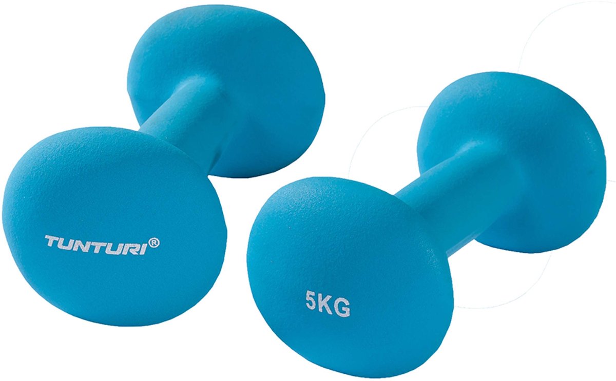 Tunturi dumbbell set - 2 x 5,0 kg - neopreen - fluor blauw - incl. gratis fitness app