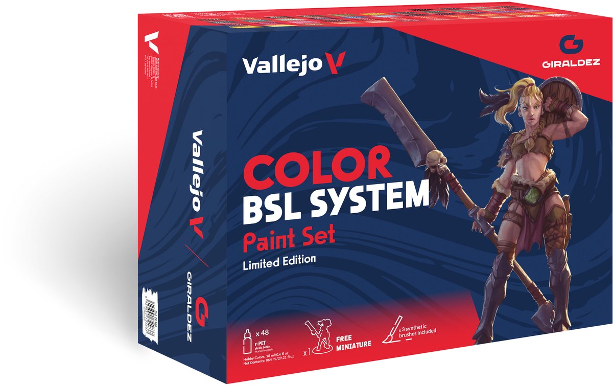 Vallejo hobbyverf acrylverf - 72183 game color - bsl-systeem kleurenset met 3 penselen en 1 exclusieve miniatuur - acryl set - 48x verf set - 48x 18 ml