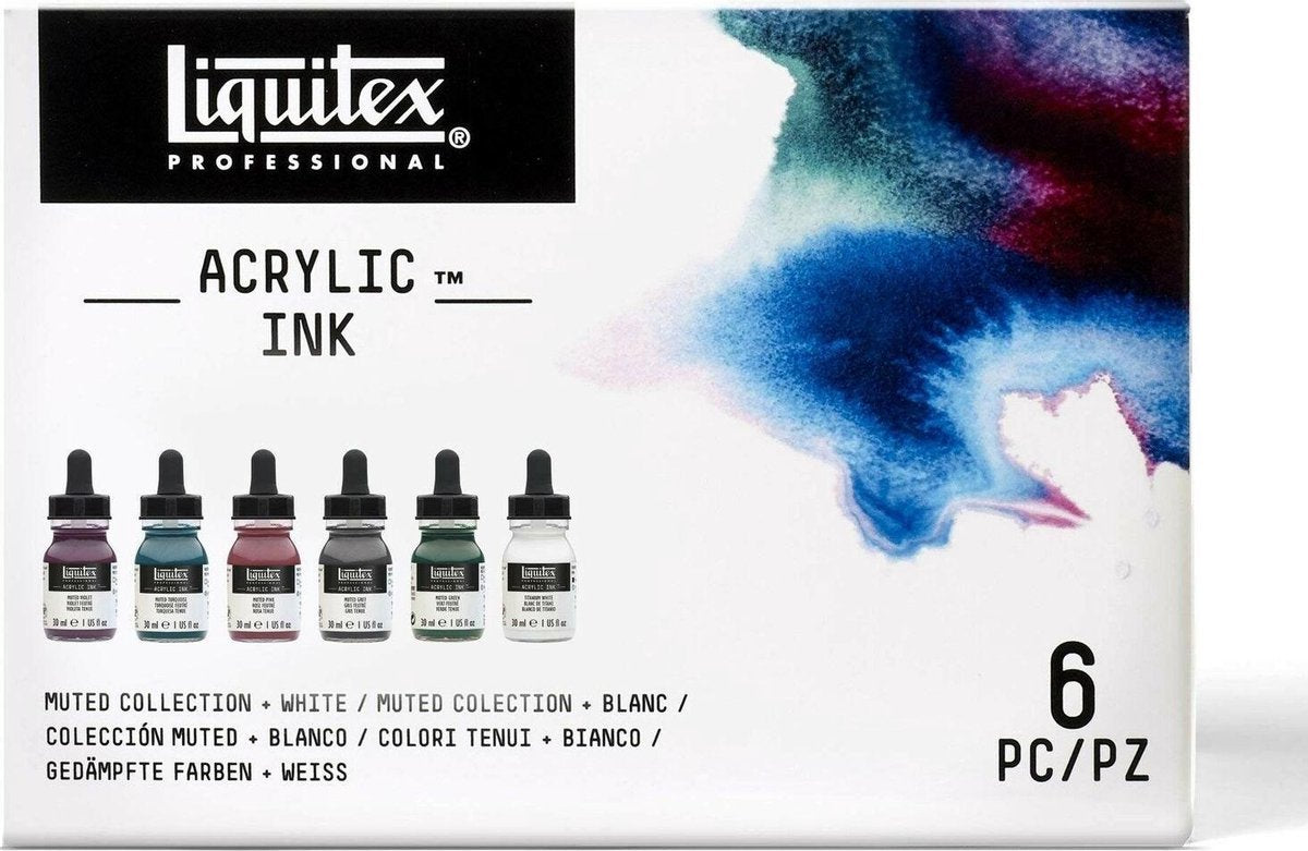 Liquitex 3699355 professional acrylic ink set – muted collection + titanium white 6×30 ml – hooggepigmenteerde, waterbestendige acrylinkt