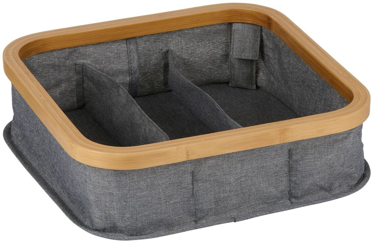 Alpina opbergmand met 3 vakken – bamboe opbergmand met polyester 30x30x9cm – mand voor badkamer, kast en woonkamer
