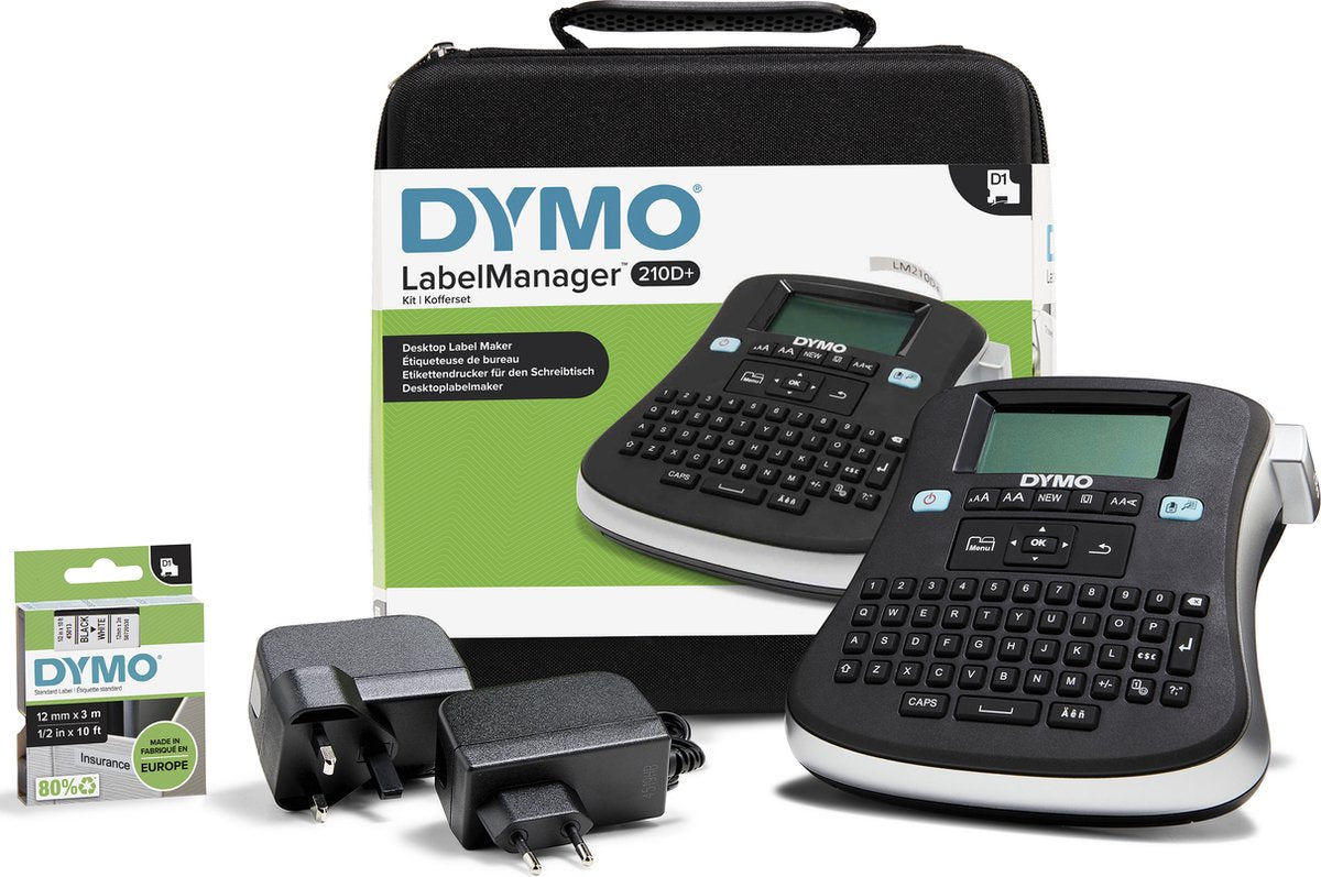 Dymo labelmanager 210d-labelprinterkit | draagbare labelmaker met qwerty-toetsenbord | met zwart-witte d1-labels van 12 mm en een draagkoffer