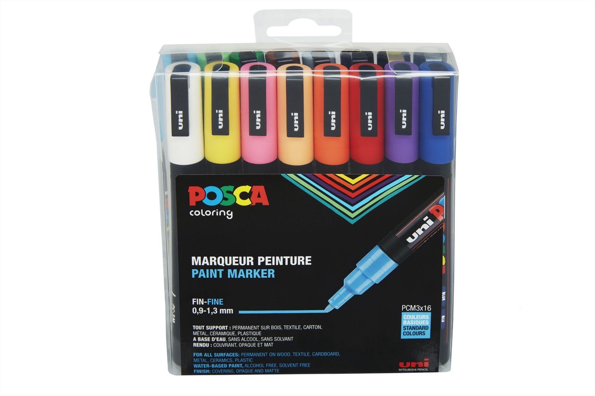 Posca uni stiften standard colors - 16 stiften - pc3m 0.9-1.3 mm lijn
