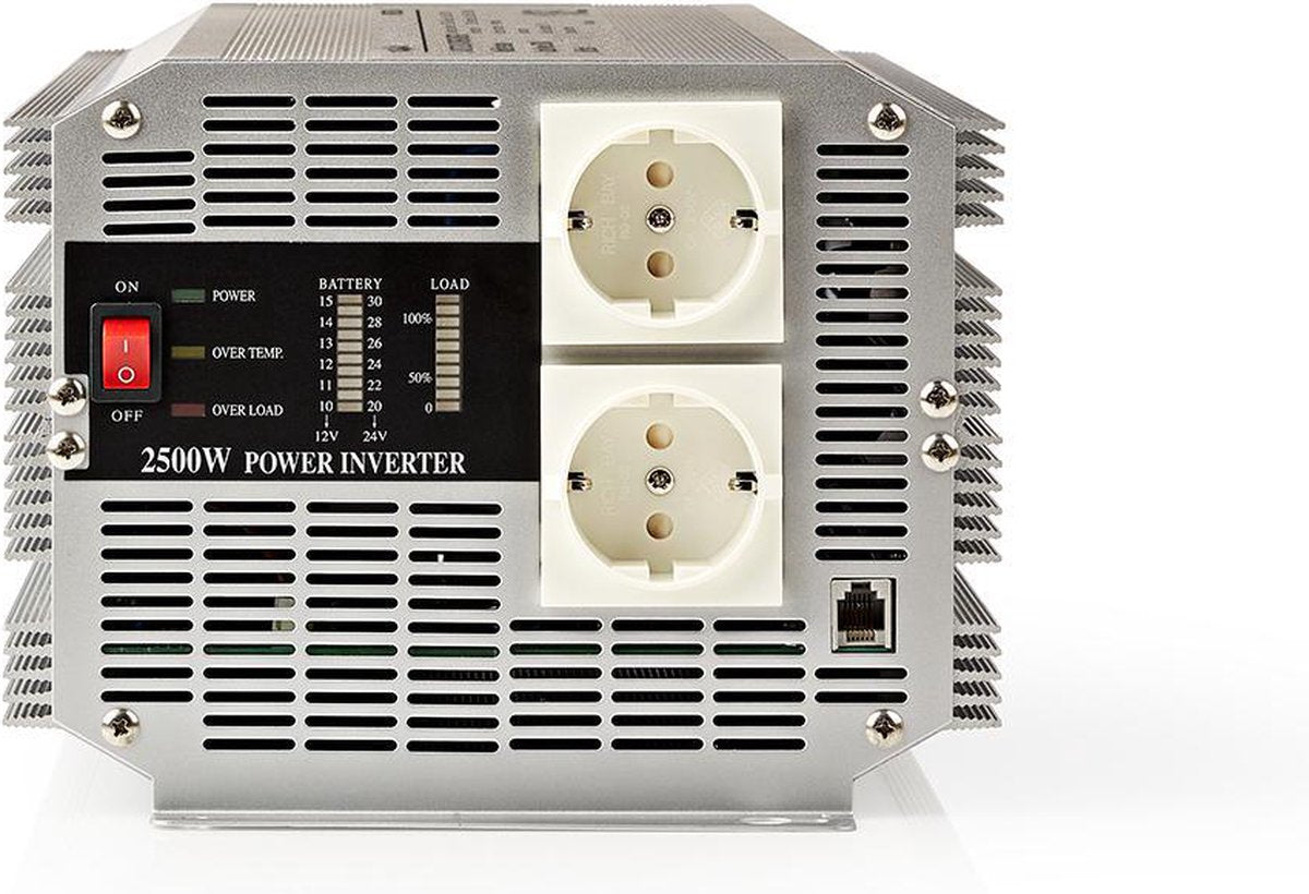 Nedis omvormer gemodificeerde sinusgolf - ingangsvoltage: 24 v dc - apparaat stroomoutput: type f (cee 7 3) - 230 v ac 50 hz - 2500 w - piekvermogen: 5000 w - screw terminal - zilver
