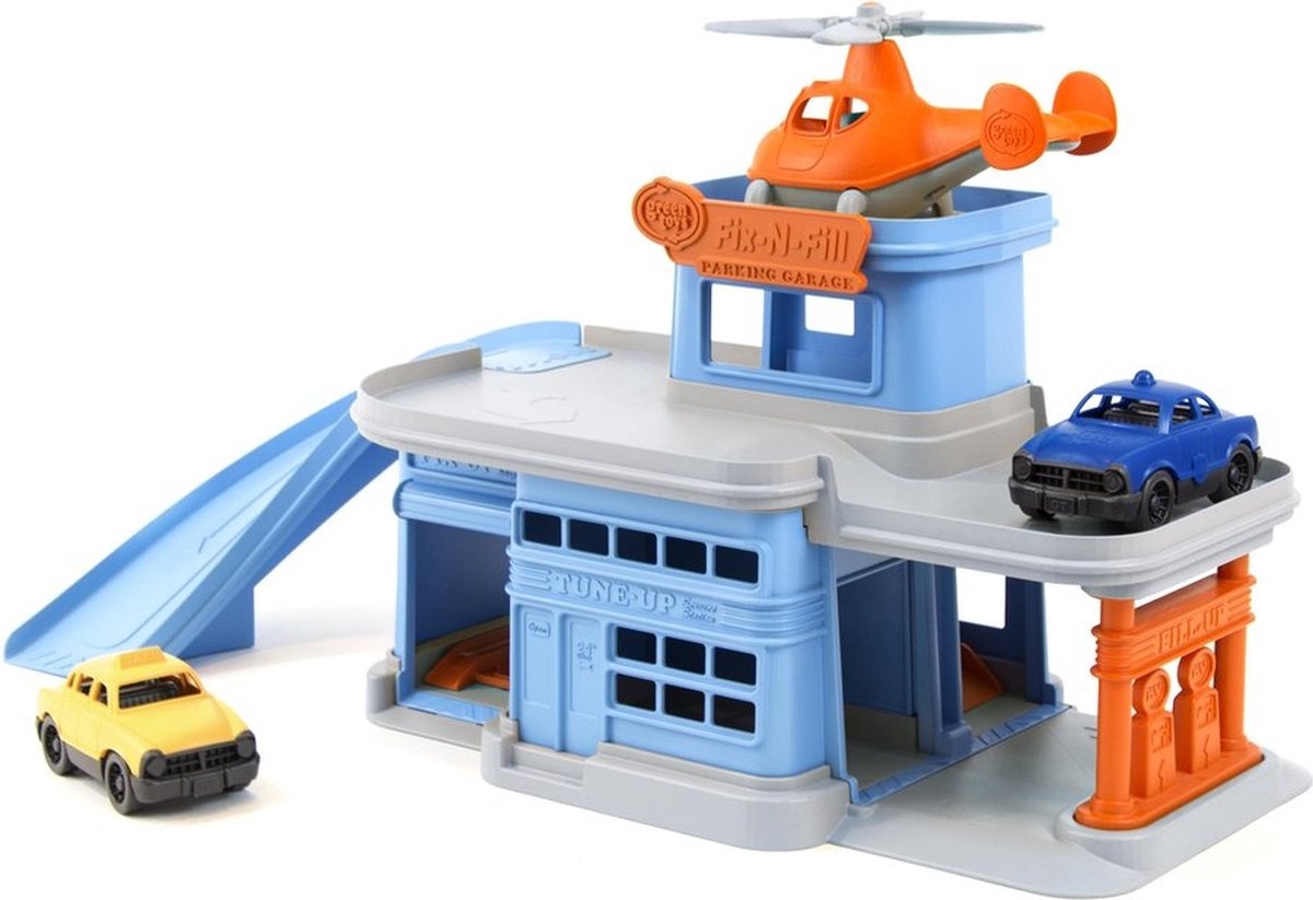 Green toys parkeergarage met auto's en helikopter