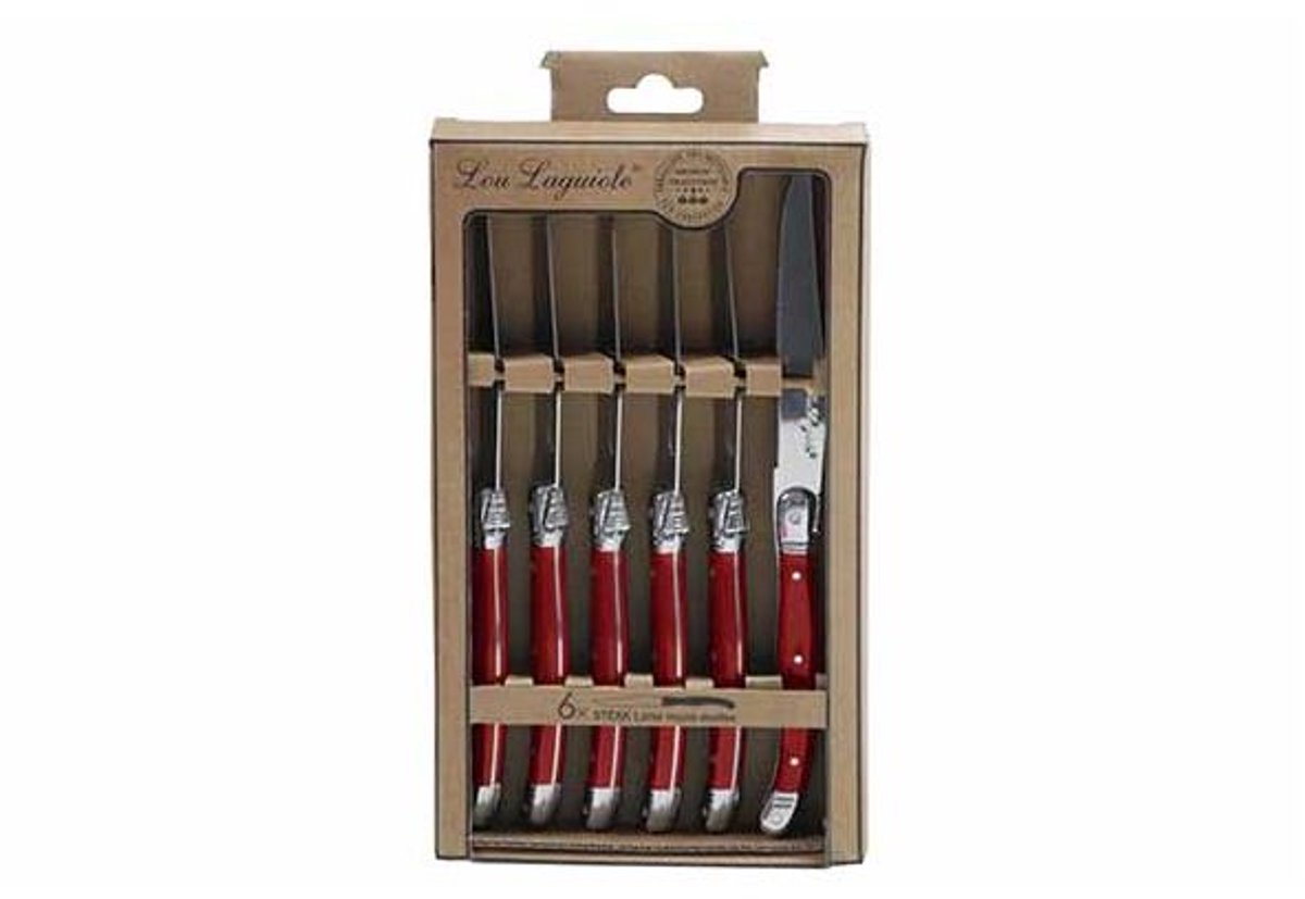 Lou laguiole messen set rustic vleeswaren rood metaal 6 stuks