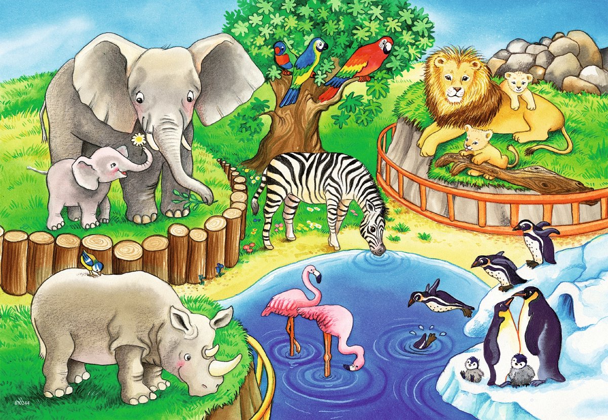 Ravensburger puzzel dieren in de dierentuin - 2 legpuzzels 12 stukjes.