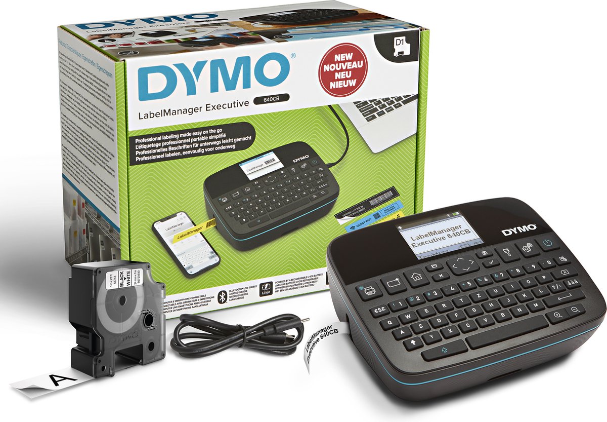 Dymo labelmanager executive 640 cb draagbare labelprinter | compacte labelmakermachine met qwertz-toetsenbord | bluetooth- en usb-connectiviteit | compatibel met d1 standaard en duurzame labels