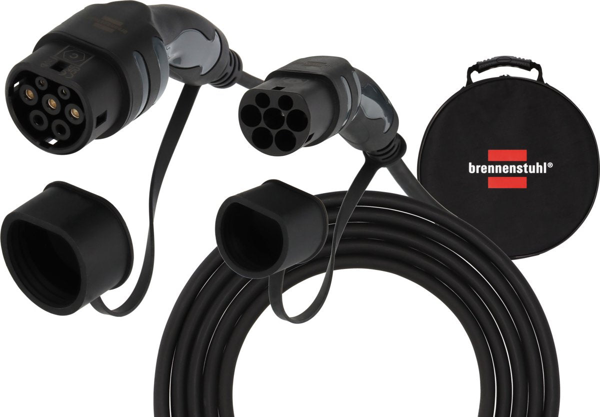 Brennenstuhl ev type 2 laadkabel 22kw (e-mobility type 2 laadkabel 5m, ip55, 3-fase, mode 3 laadkabel met tas voor elektrische hybride voertuigen)