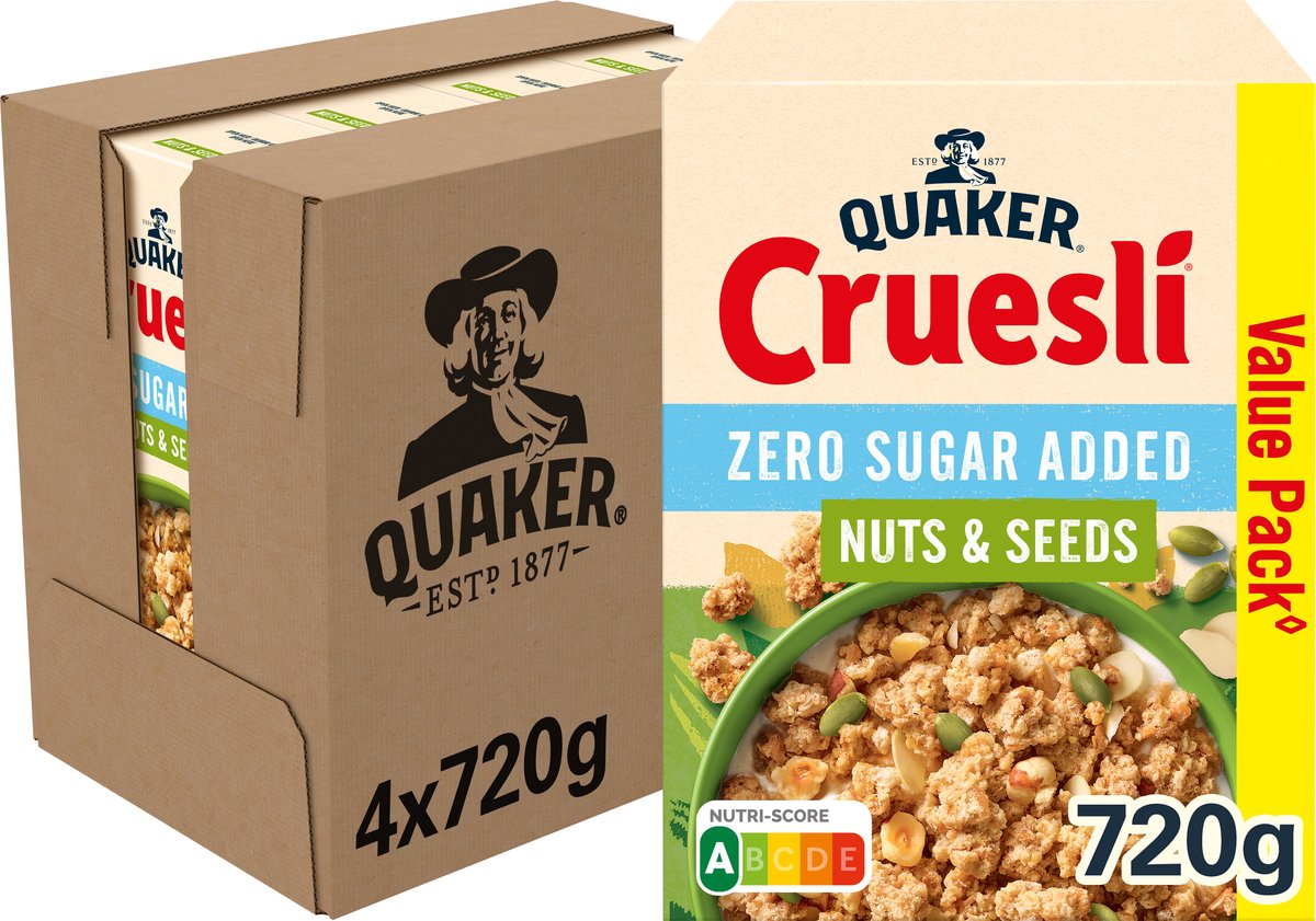 Quaker cruesli zero sugar added nuts seeds- ontbijtgranen - 4 x 720 gram