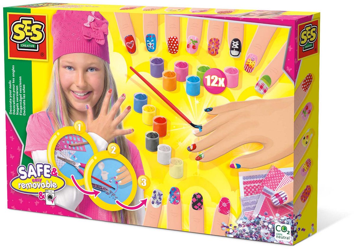 Ses creative - hobby pink - nagels versieren - knutselen meisjes - 12 kleuren nagellak met glitterstenen en penselen - vanaf 6 jaar