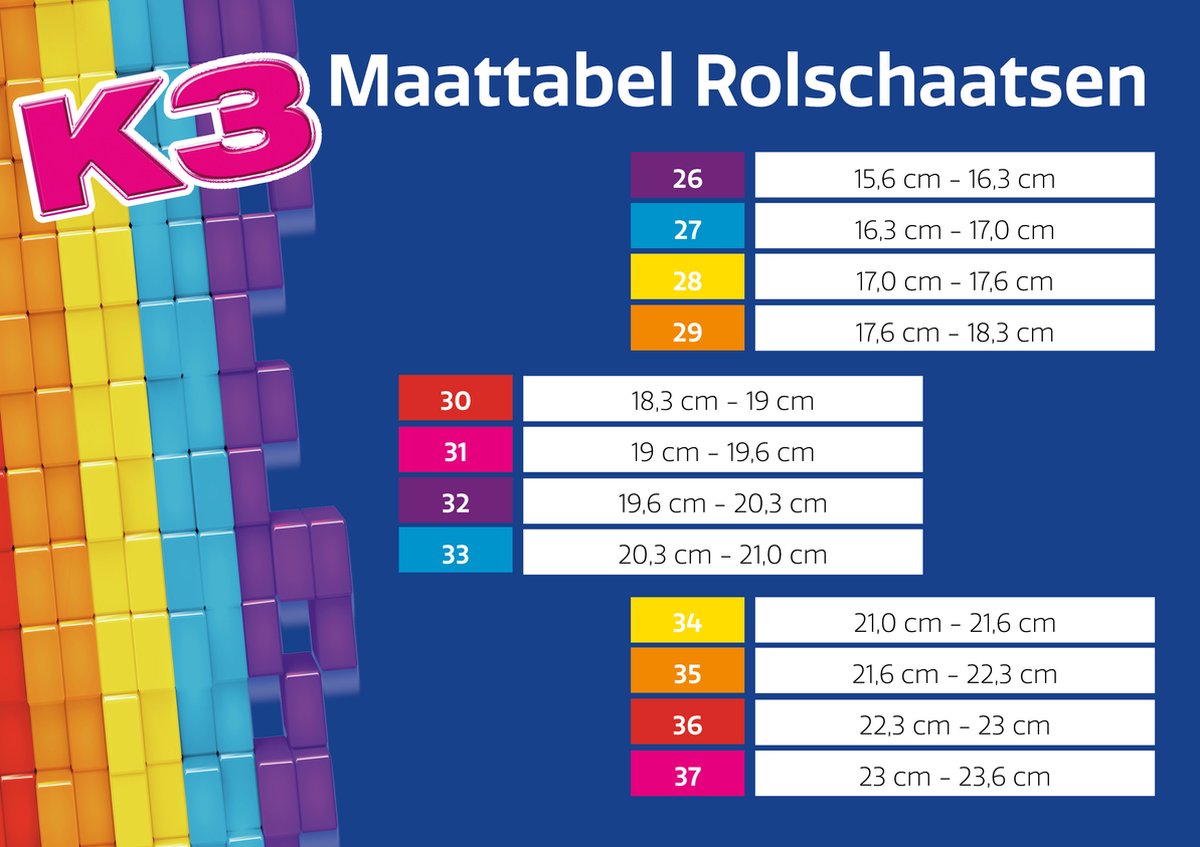 K3 - rolschaatsen - maat 34 37 - verstelbaar in 4 maten - met stopper - wit - regenboog - met wieltjes in 4 kleuren