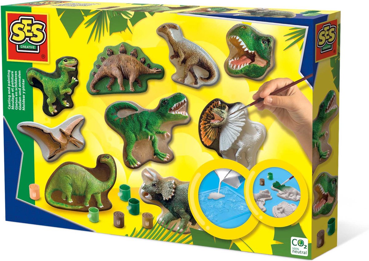 Ses creative - gieten en schilderen - dinowereld - sneldrogend - met vormpjes, gips, verf, penseel, spatel en sponsje - knutselen jongens - dinosaurus speelgoed