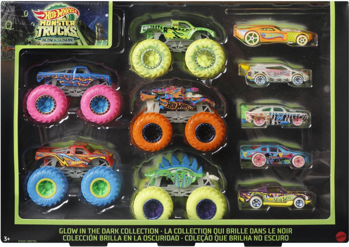 Hot wheels monster trucks set met 10 speelgoedvoertuigen die licht geven in het donker