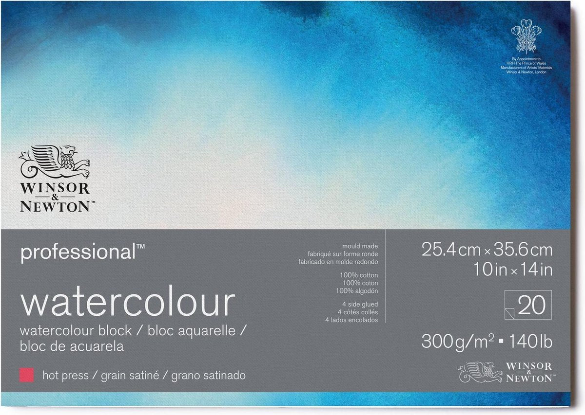 Winsor newton 6664007 professioneel aquarelpapier blok – 25,4 x 35,56 cm , 20 vellen, 300 g m², 4-zijdig gelijmd, grain satiné – voor aquarelverf en aquareltechnieken