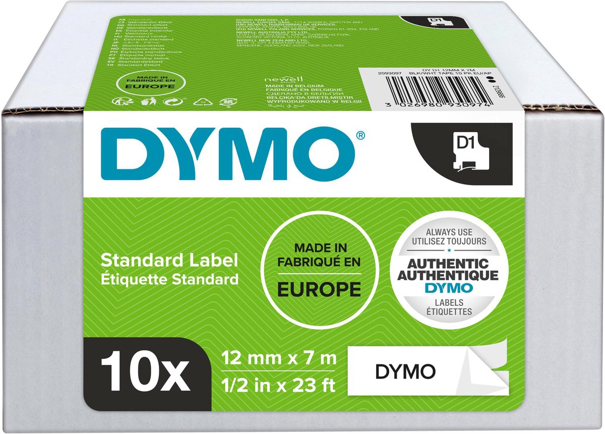Dymo originele d1 labels | zwarte tekst op wit label | 12 mm x 7 m | zelfklevende etiketten voor de labelmanager labelprinters | 10 stuks | gemaakt in europa