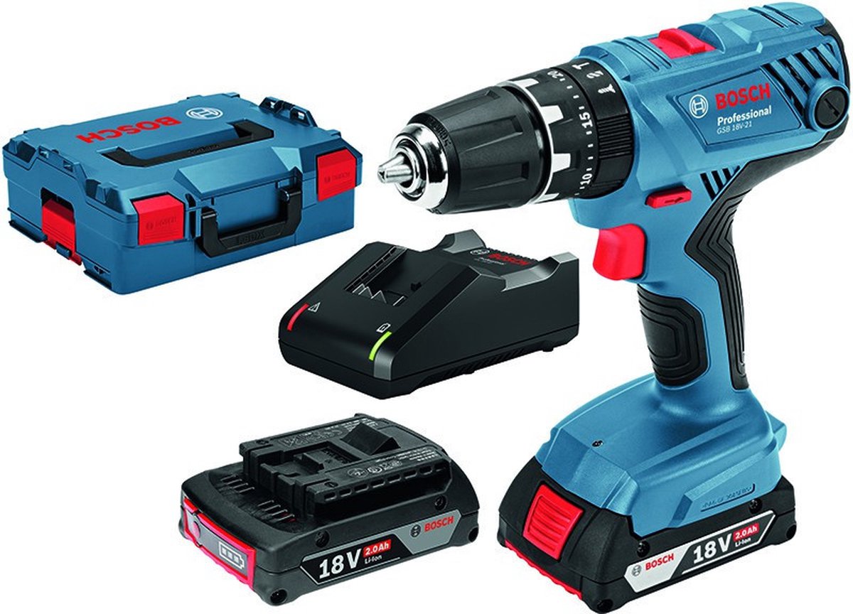 Bosch professional gsb 18v-21 accu klop- schroefboormachine 18v 2.0ah (2x) in l-case - 06019h1109