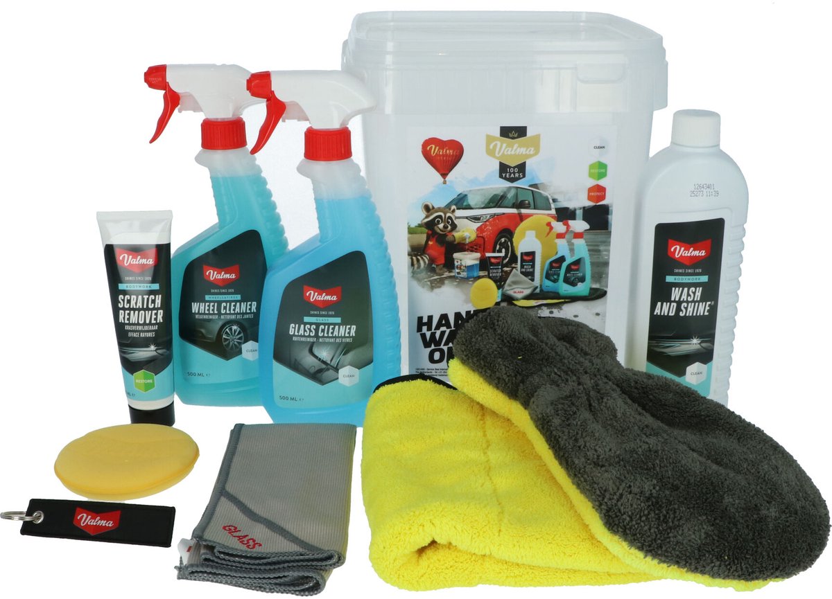 Valma poets emmer - 8 delig - wash shine - krasverwijderaar - velgenreiniger - ruitenreiniger - washandschoen - glasdoek - applicator pad - microvezel finishdoek