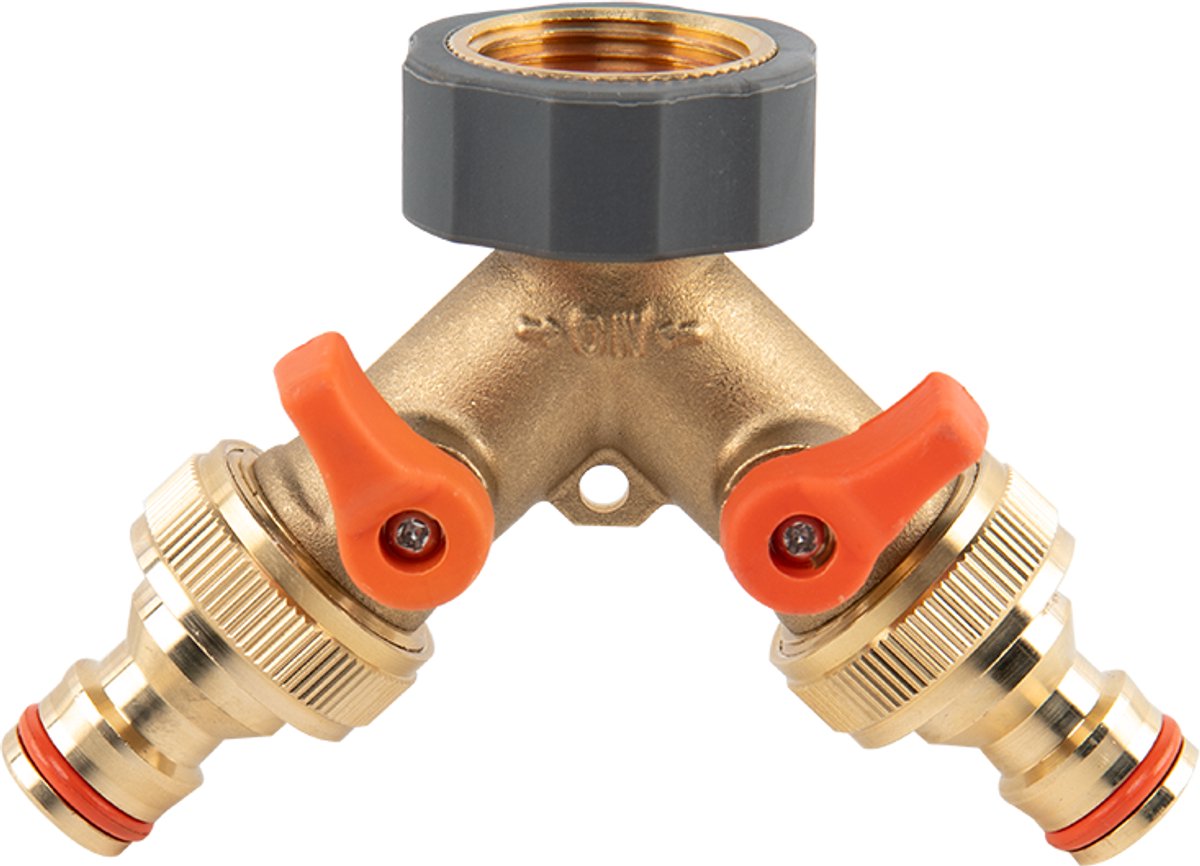 Bradas brass soft t-stuk – 2 x 3 4 uitgang met kleppen – 3 4 binnendraad kraanaansluiting – inclusief snelkoppelingen – waterverdeler