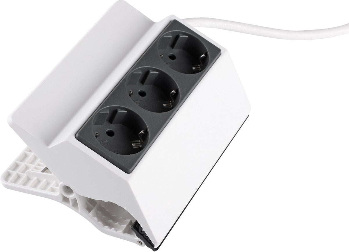 Q-link stekkerdoos – 3–voudig – met klembevestiging – platte stekker – randaarde – 3 x 1.5 mmⲠ– 3 m – wit – antraciet