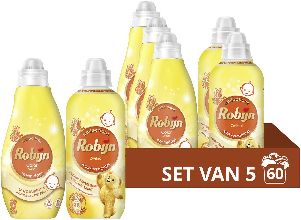 Robijn perfect match wasmiddel en wasverzachter pakket - zwitsal - 5 stuks - (60 wasbeurten) - voordeelverpakking