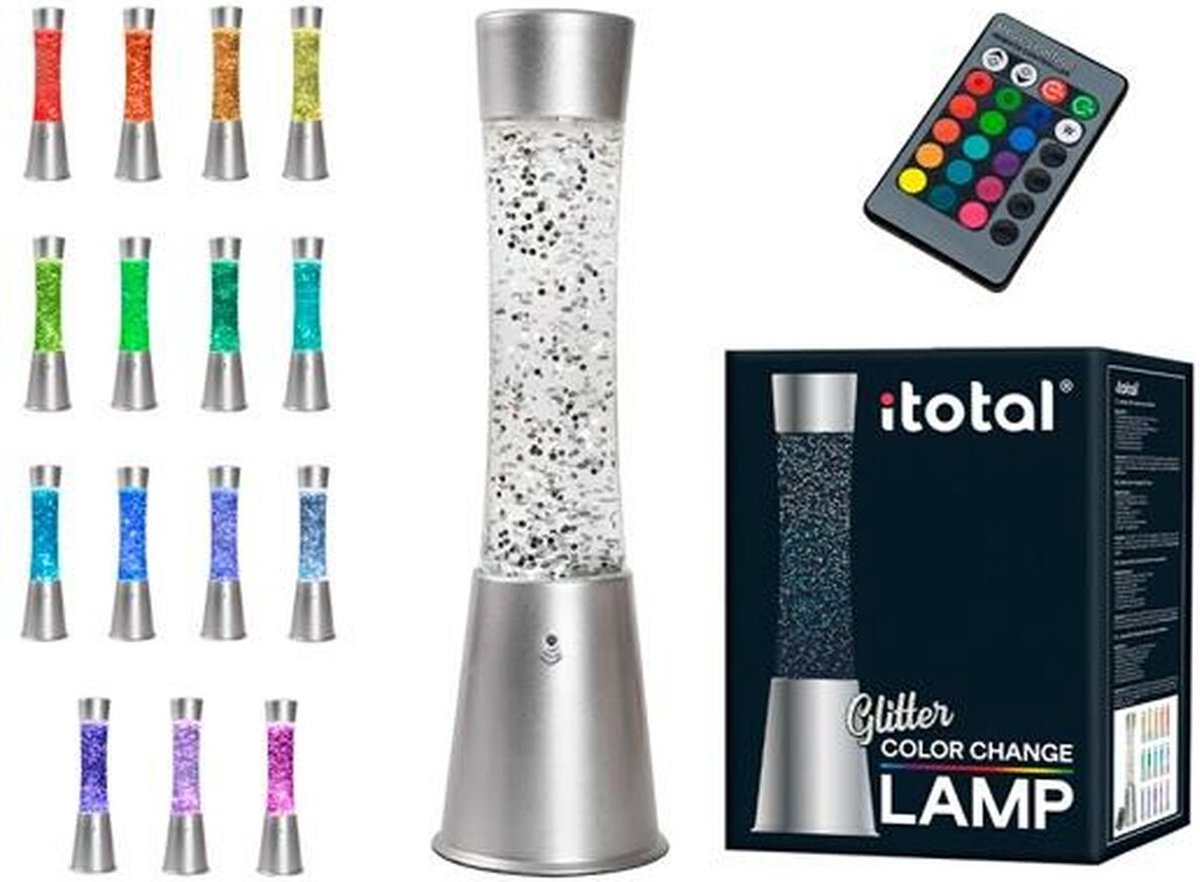 I-total lavalamp - glitterlamp - lava lamp - sfeerlamp - 41,5x10,8 cm - glas aluminium - afstandsbediening voor 16 kleuren - xl2495
