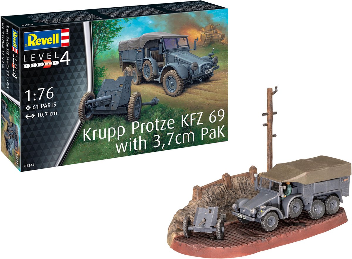 Revell modelbouwpakket militaire voertuigen - 03344 krupp protze kfz 69 with 3,7cm pak plastic - 1:76 - modelbouw