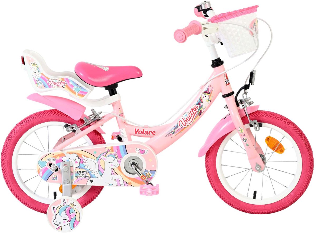 Volare unicorn kinderfiets - meisjes - 14 inch - roze - twee handremmen