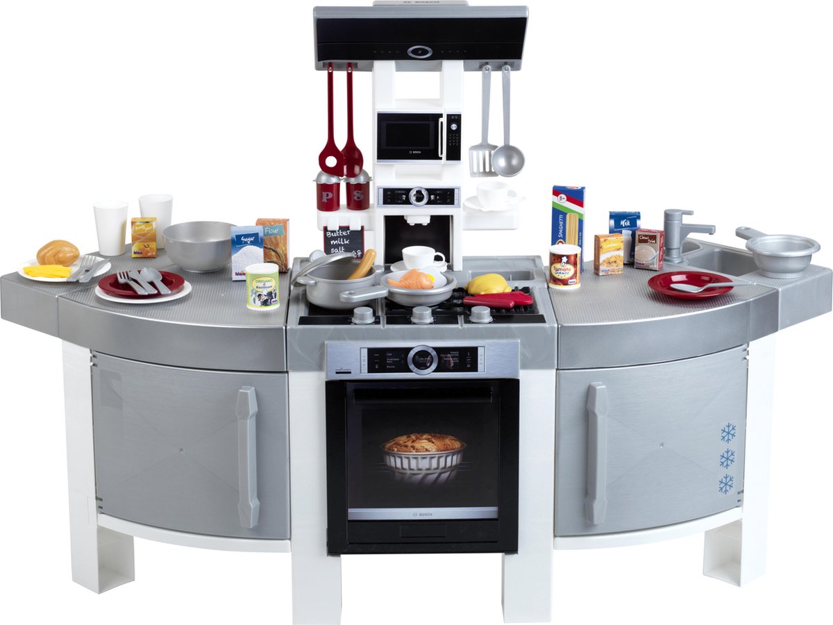 Klein toys bosch 'mega speelkeuken - 120x45x95cm - incl. koffiezetapparaat, gootsteen, oven en kookgerei - grijs zwart