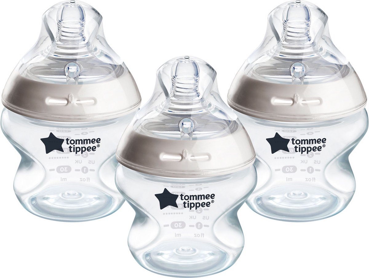 Tommee tippee natural start babyflessen, 0m+, babyflessen set van 3, 150ml, speen in de vorm van een borst voor een natuurlijke zuigwijze, lage stroomsnelheid, zelfsteriliserend en bpa-vrij, baby feeding essentials